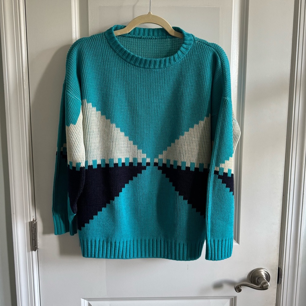 Vintage Teal and Navy Geometric Sweater